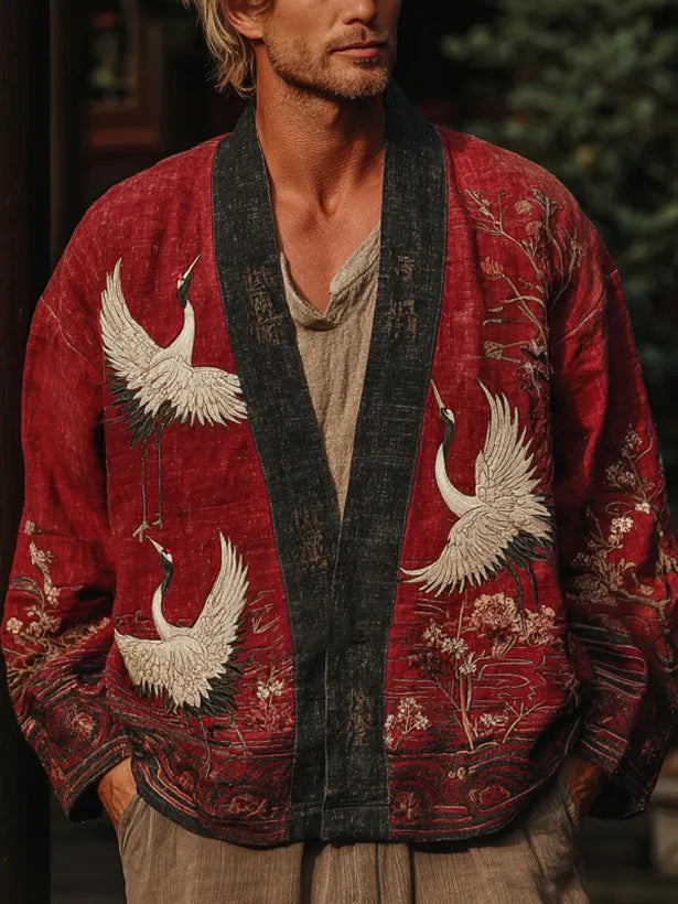 Japanese Cranes With Floral Art Linen Blend Kimono Cardigan