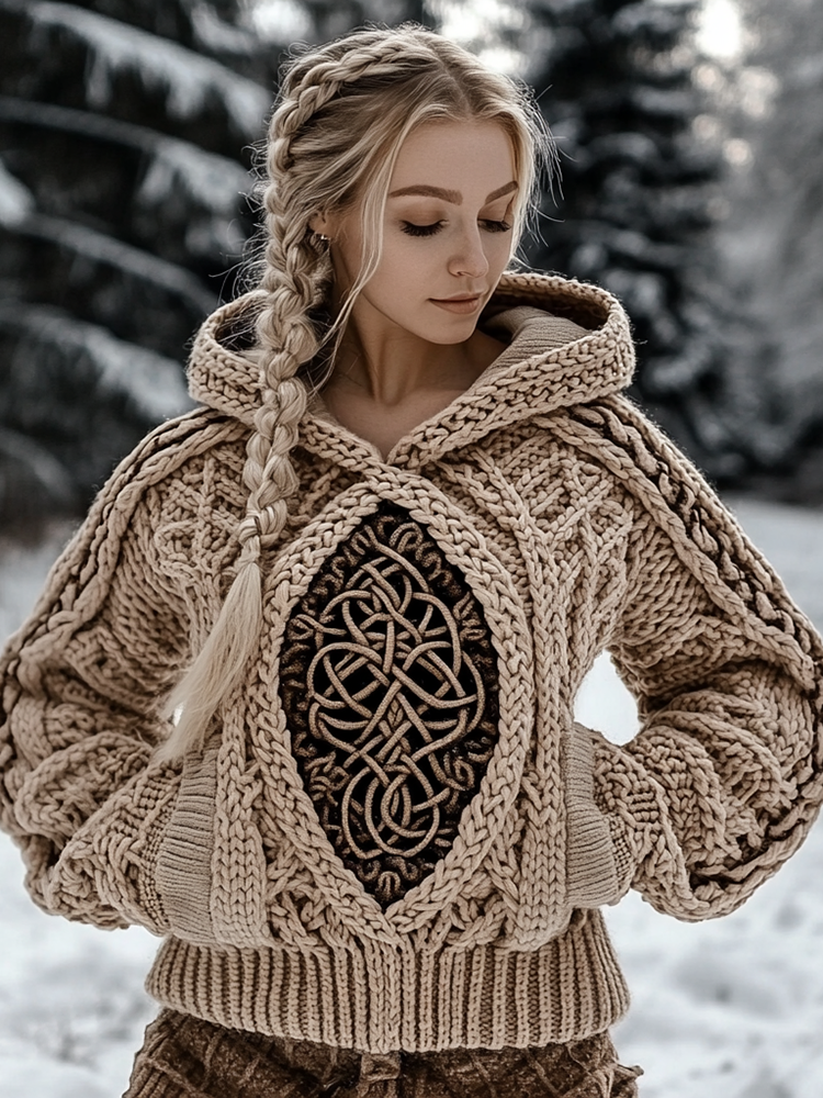 Women's Viking Tree Of Life Jacquard Celtic Knit Hooded Sweater