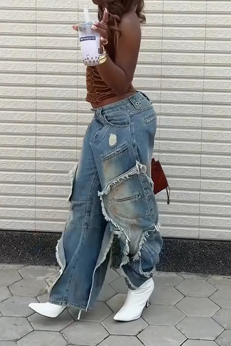Women Casual U-neck Top or Spliced Washed Denim Jeans