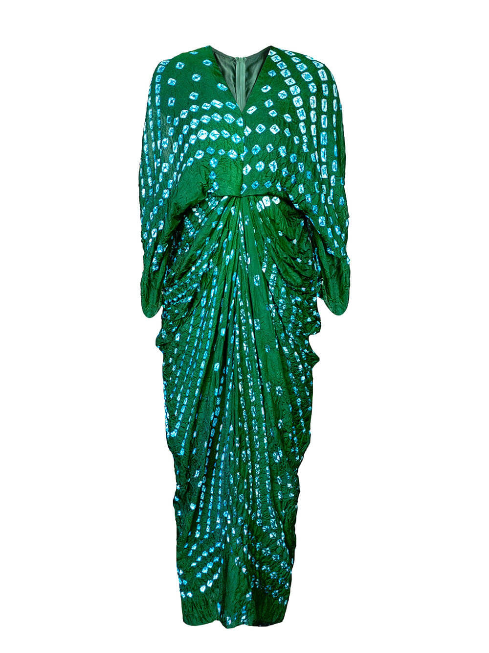 Kimono Tie-Dye Print V-Neck Pleated Robe Maxi Dress