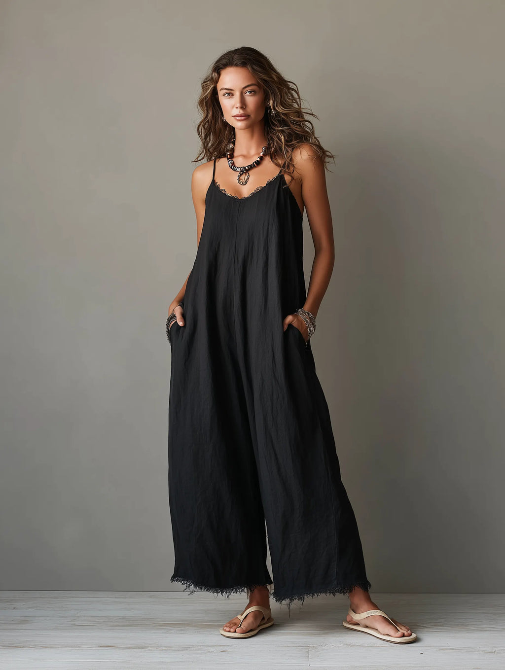 Women's Minimalist Loose-Fit Linen-Blend Jumpsuit With Lace Neckline, Spaghetti Straps, And Frayed Hems MDZ0171F3Y