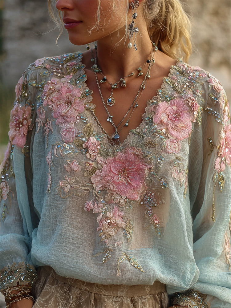Pink Floral Glitter Diamonds Beaded Flowy Linen Tunic