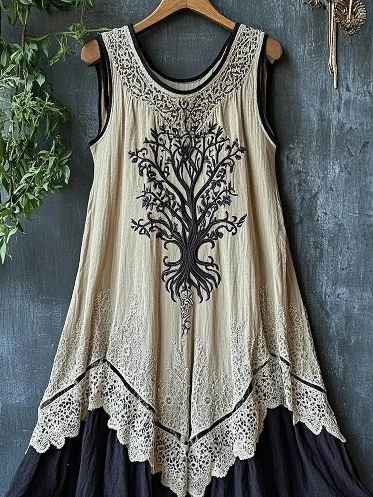 Women's Vintage Tribal Viking Tree Of Life Lace Panel Dress