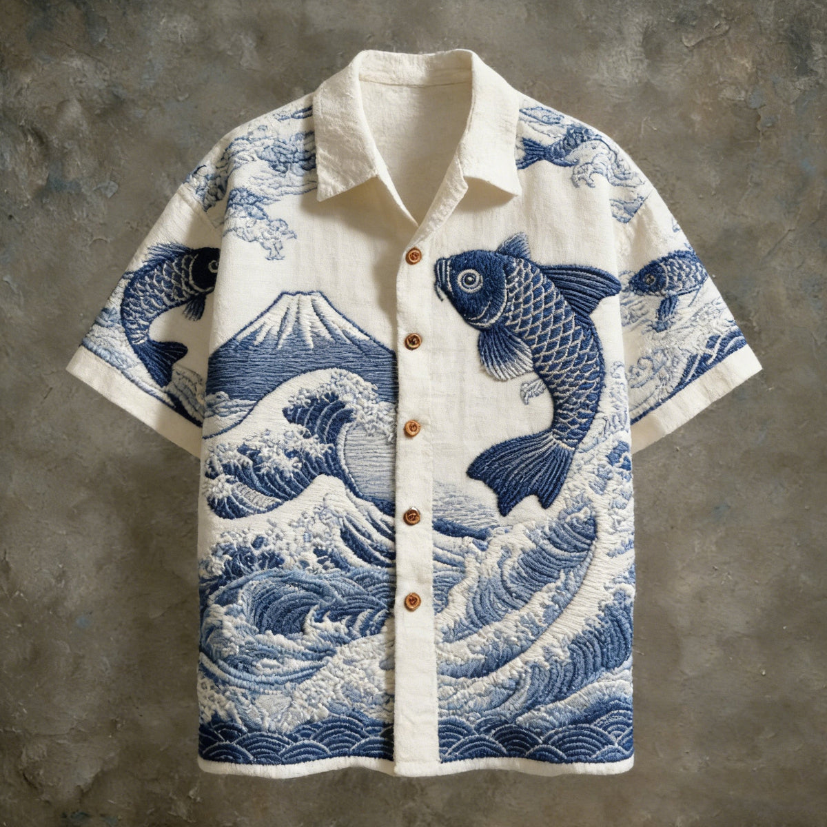 Men's Japanese Koi And Ocean Pattern Linen Short-sleeve Shirt