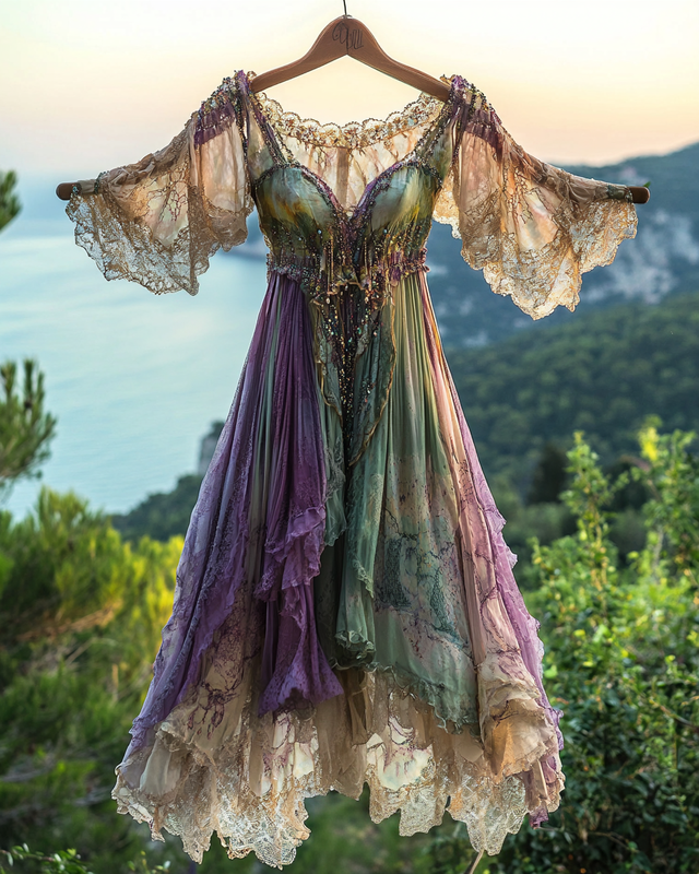 Summer Vacation Ruffle Lace Contrast Color Dress d25b