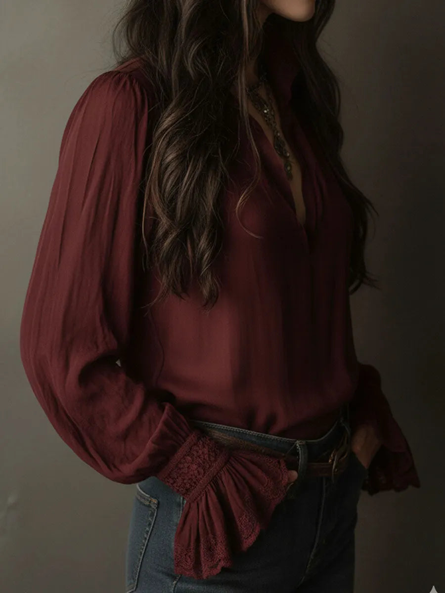 Boho V-Neck Deep Wine Red Blouse With Lace Cuffs