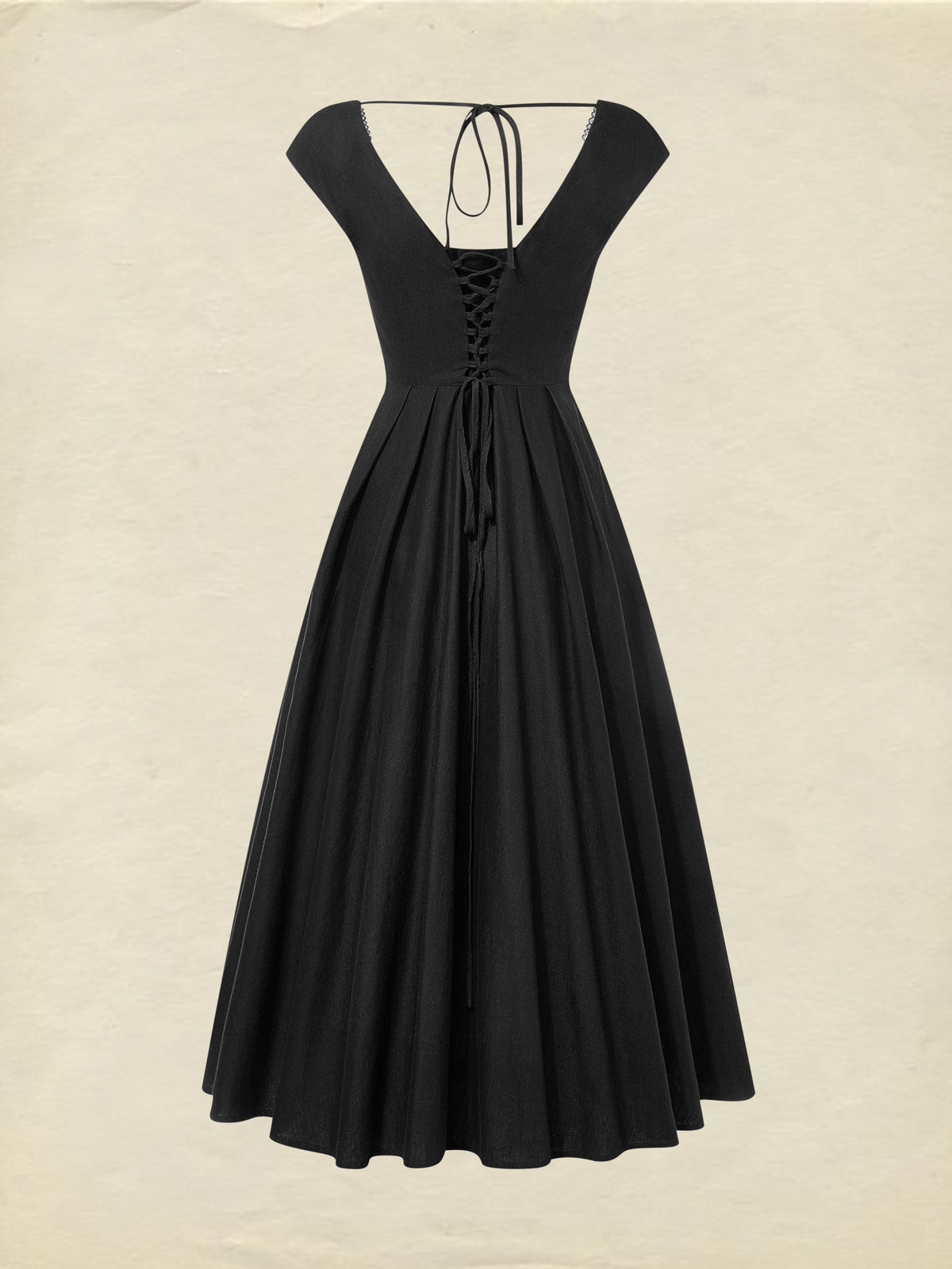Midi Linen Dress, Sleeveless, Lace Collar, Plain, Lace, French Vintage, Black