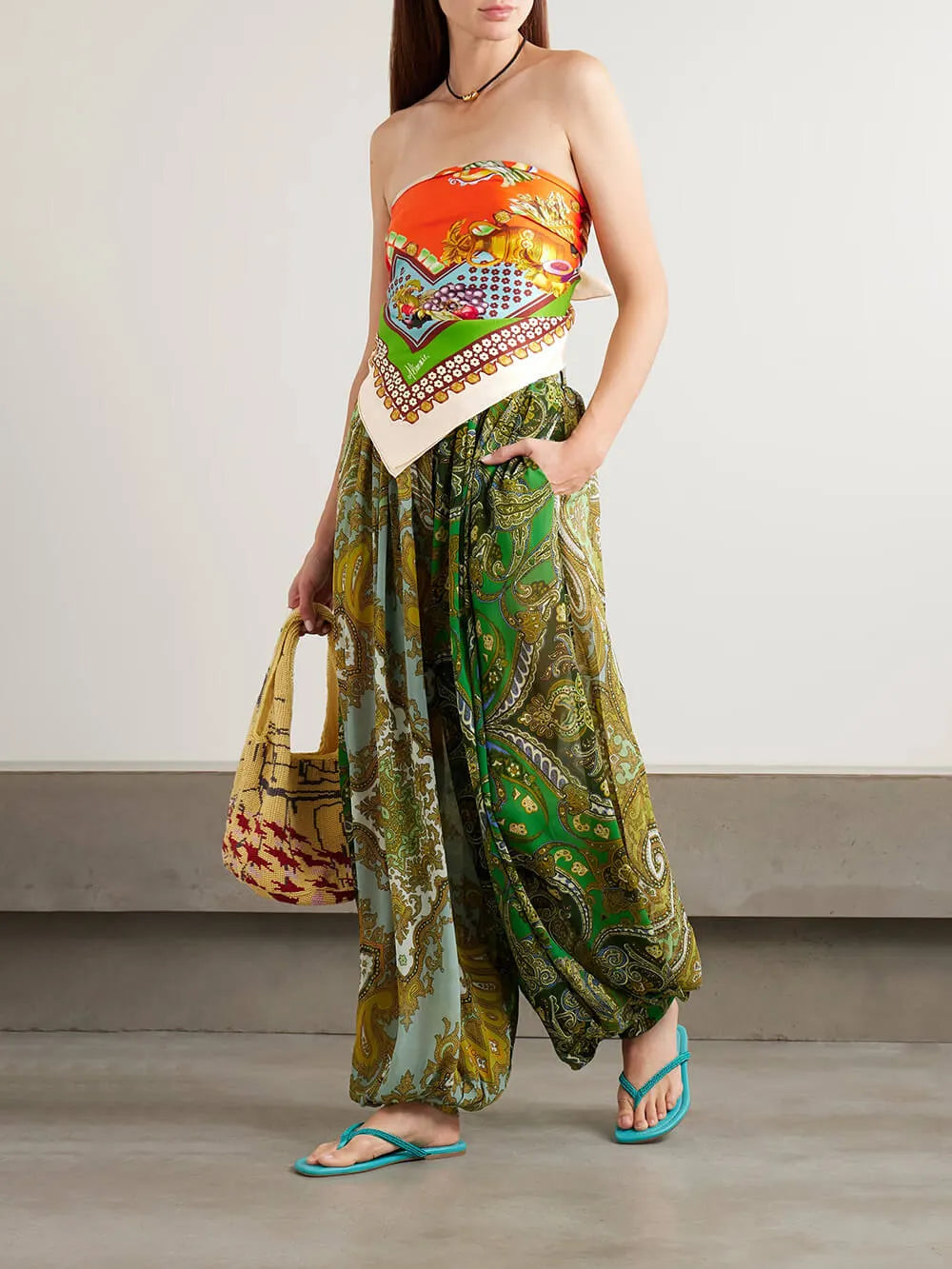 Casual Unique Floral Print Satin Elastic-Waist Lantern Pants
