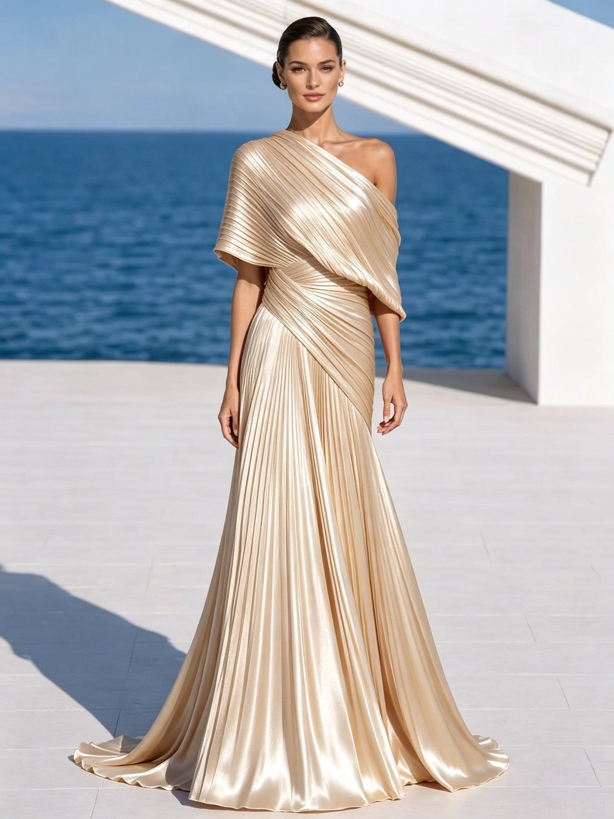 One Shoulder Draped Evening Gown