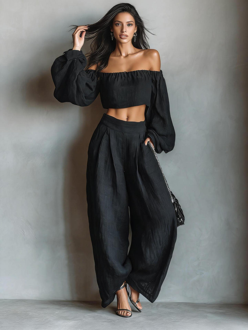 Momocco Elegant Off-Shoulder Puff Sleeve Two-Piece Set - Flowy Wide Leg Pants Resort Wear