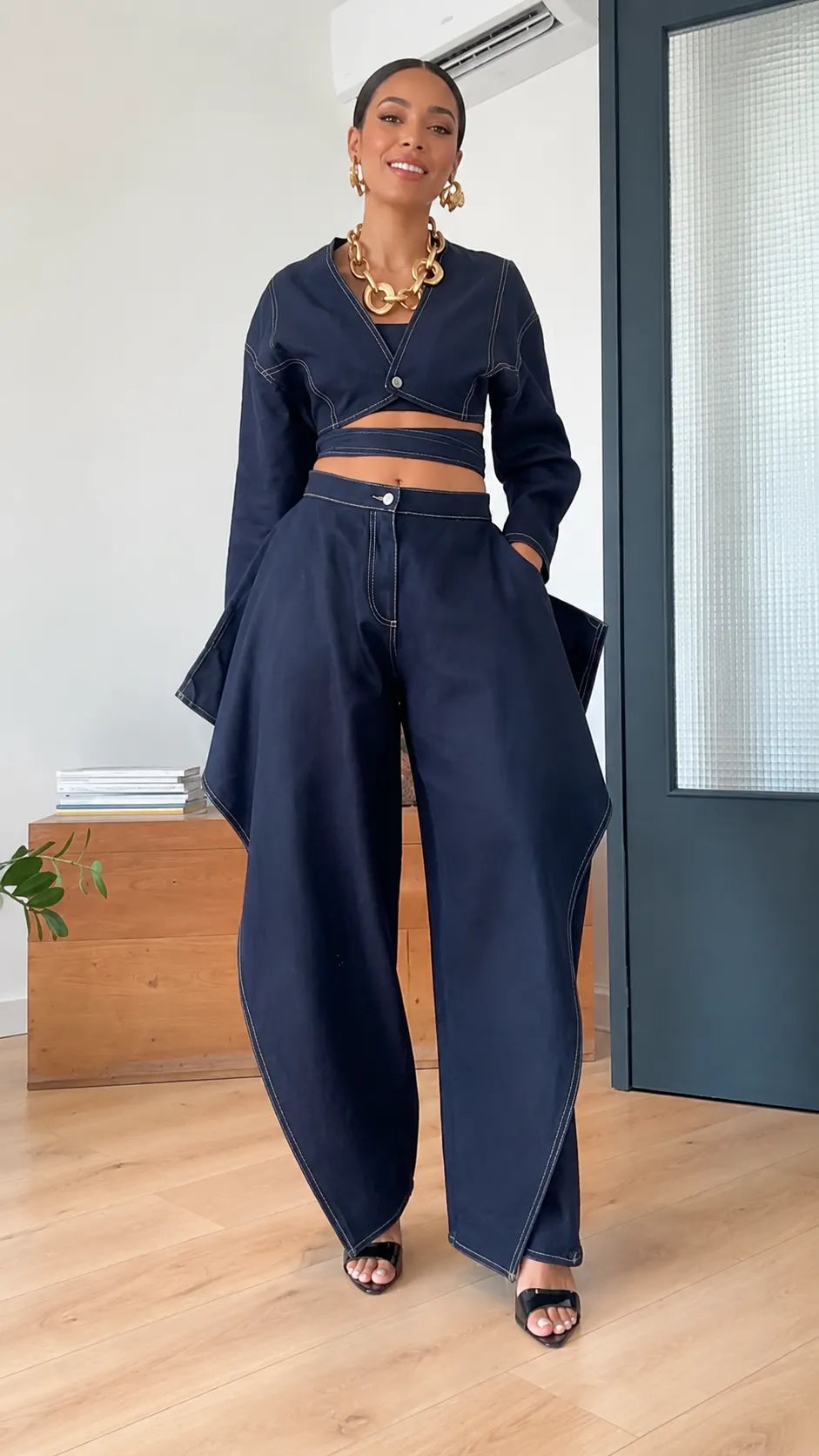 Denim Wrap Crop Top & Origami Wide‑Leg Pant Set