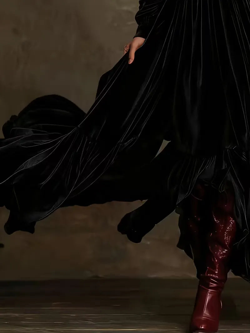 Retro Velvet V-neck Fitted Waist Maxi Dress