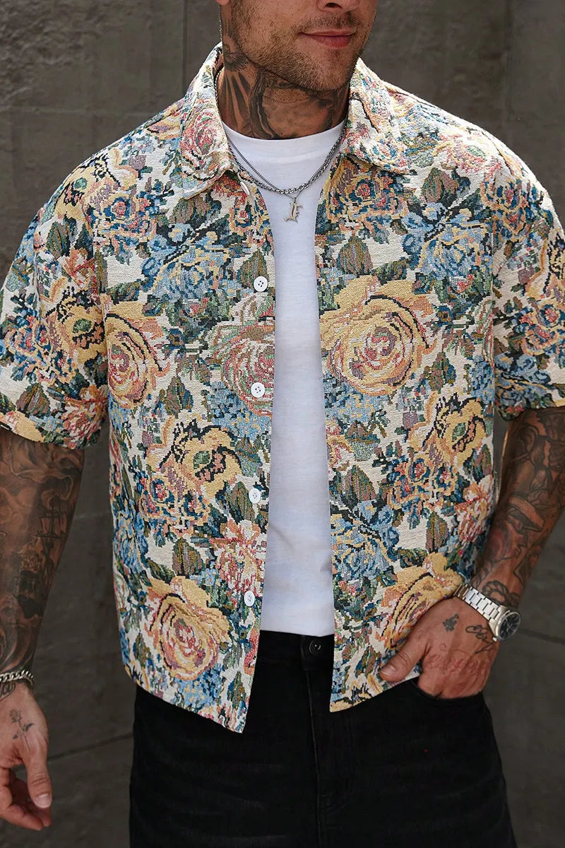 Men OVintage Floral Tapestry Jacquard Short Sleeve Button Down Shirt