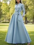 Maxi Linen Dress, Long Sleeves, Shawl Collar, Plain, Belt Design, Vintage, Blue