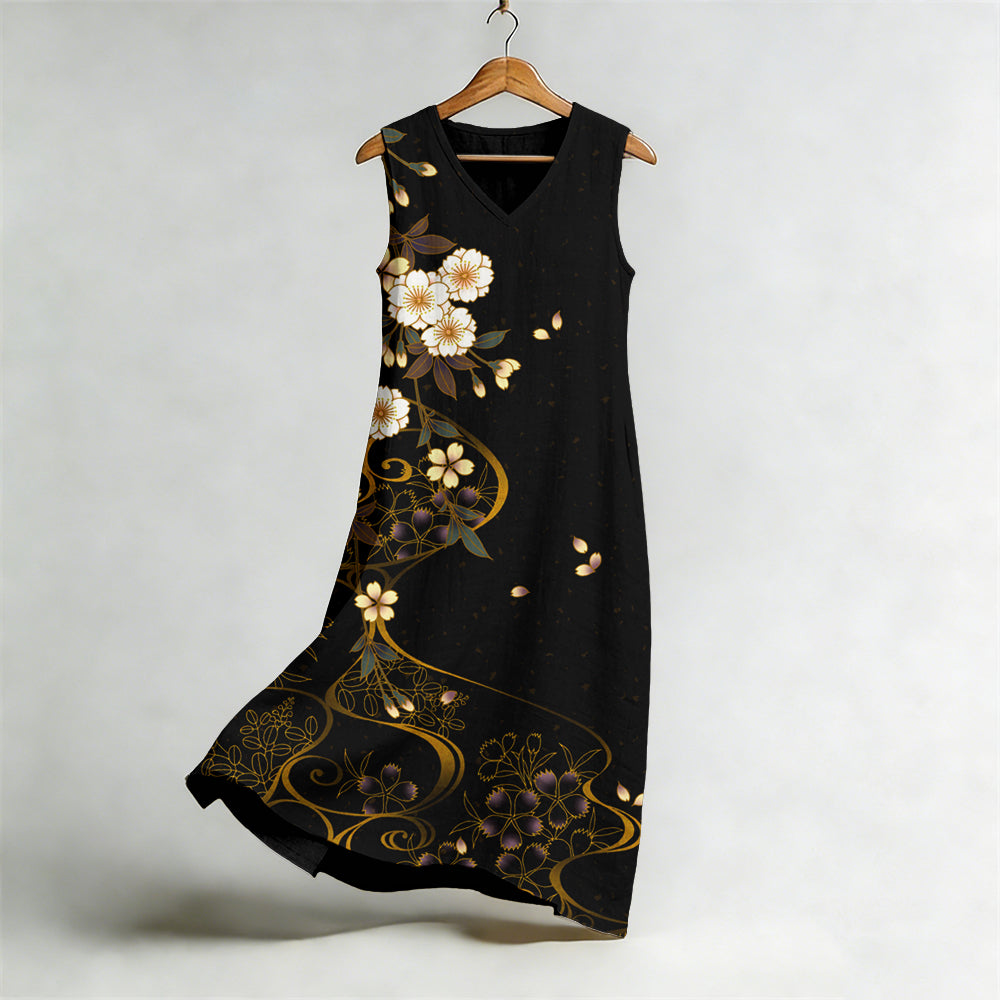 Japanese Cherry Blossoms Art Flowy Linen Midi Dress