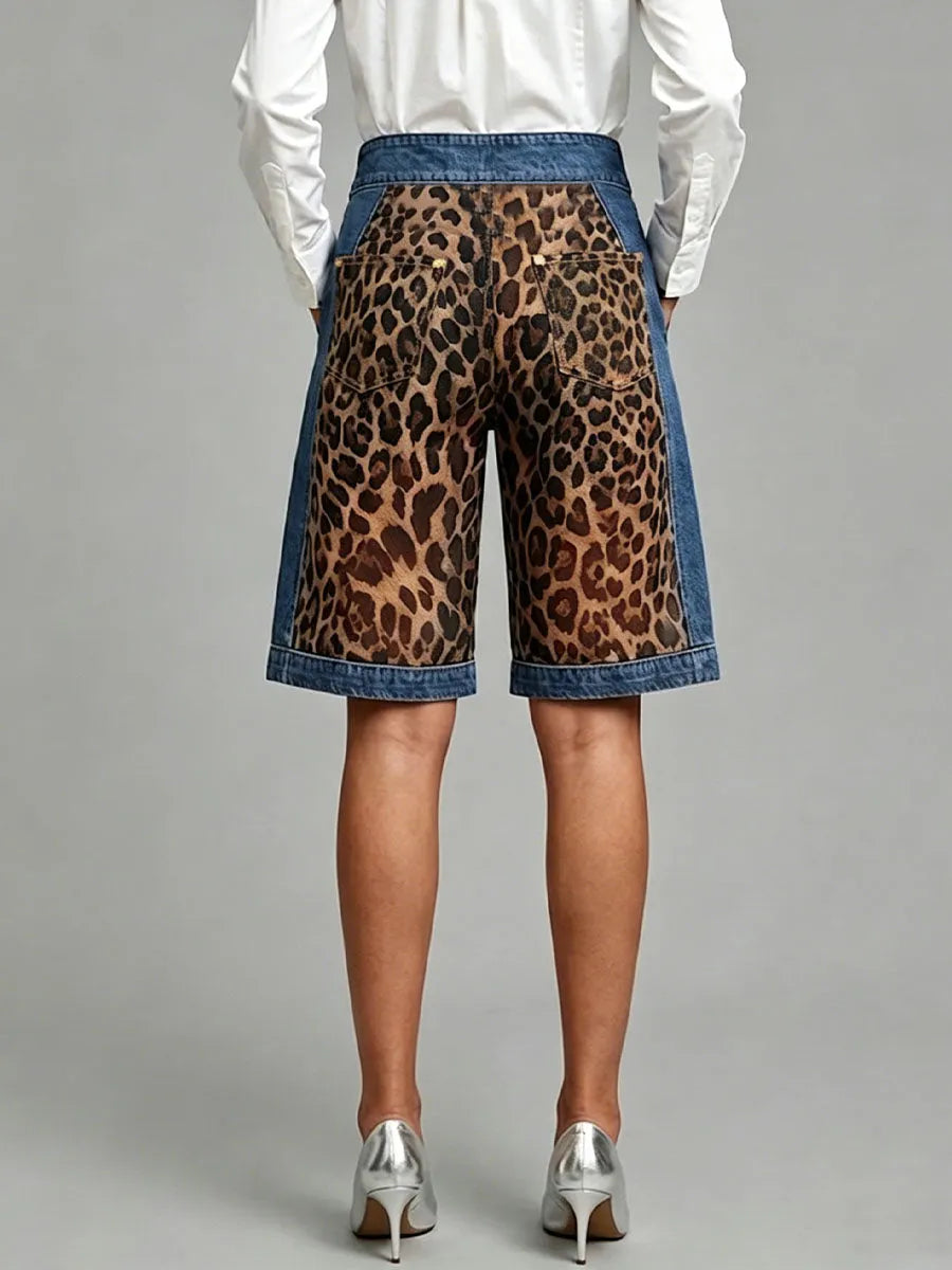 Women's High-waisted Leopard Print Casual Loose Denim-paneled Wide-leg Shorts