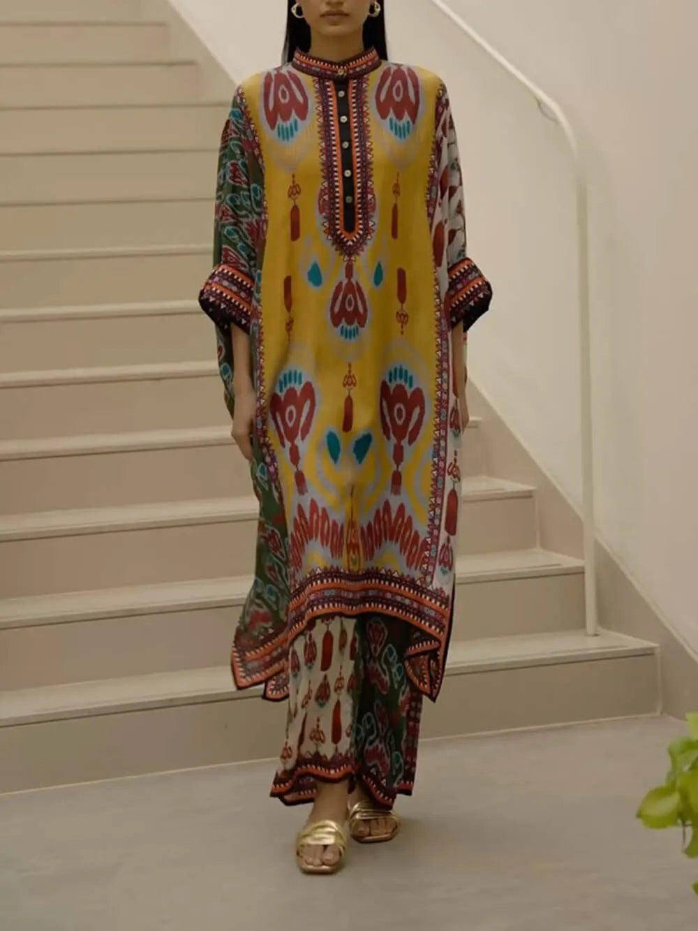 Retro Casual Patchwork Floral Print Loose Midi Shirt