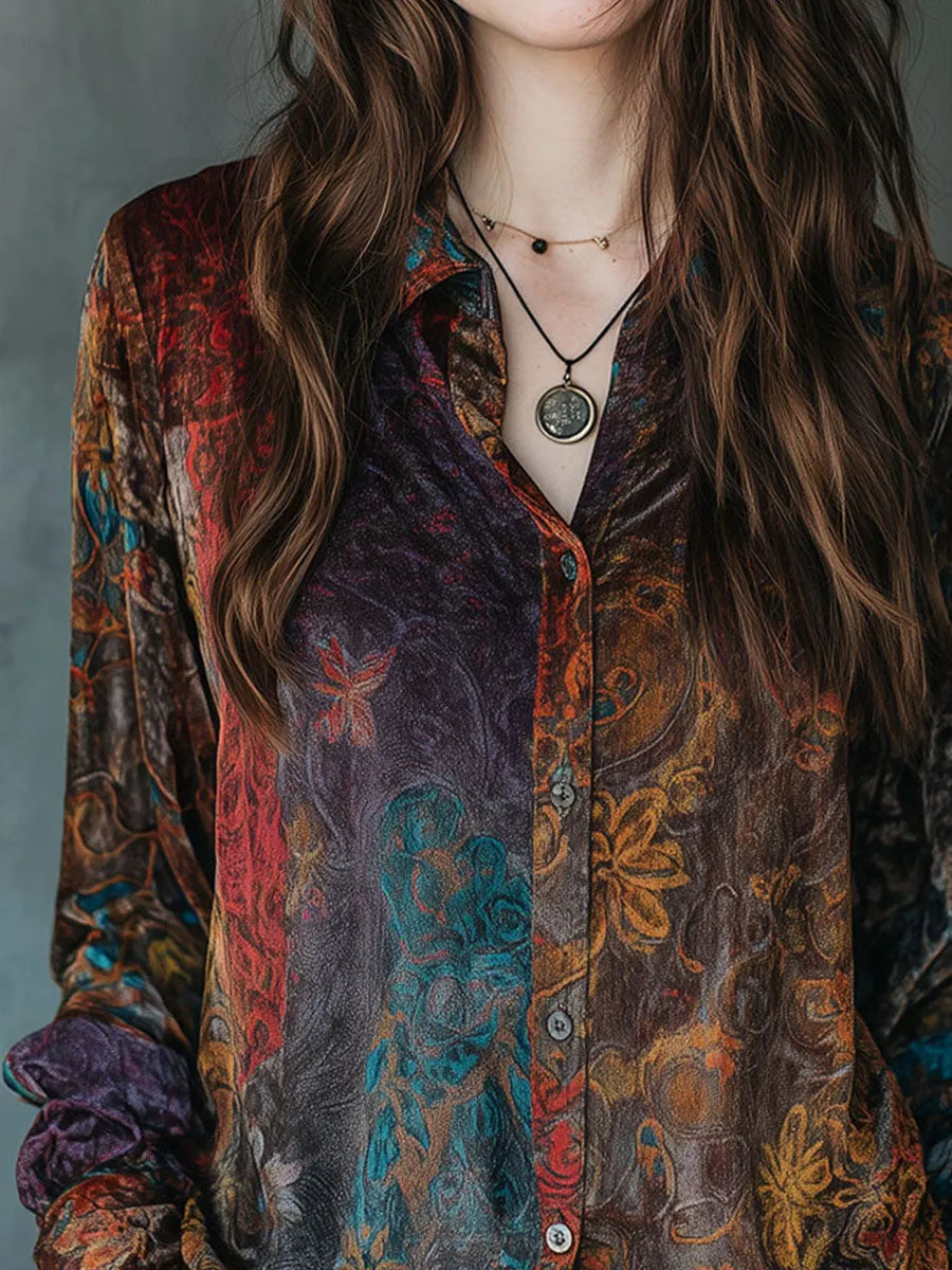 Boho Floral Print Velvet Long Sleeve Button Down Shirt