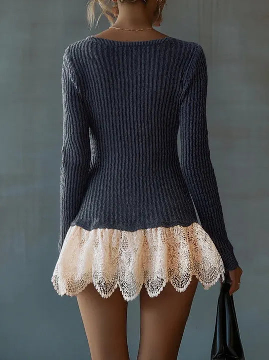 Black Chic Knit And Lace Contrast Dress