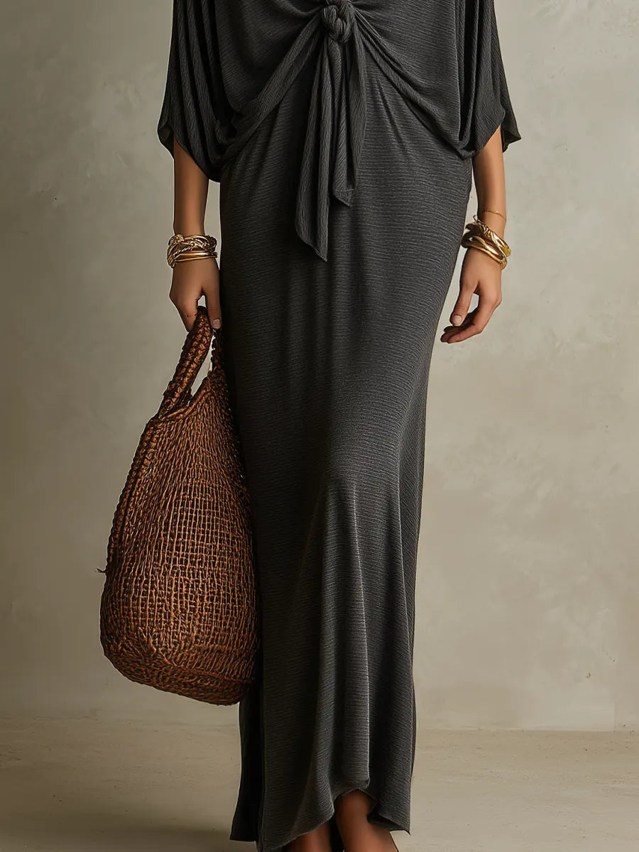 Effortless Charcoal Front-Tie Maxi Dress