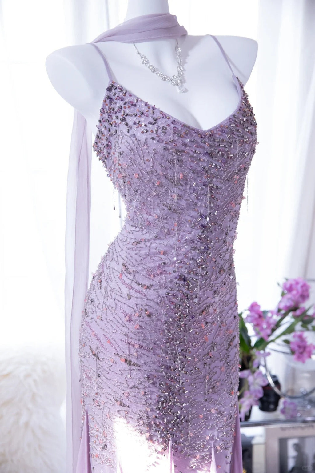 Lit Purple Elegant Romantic Exquisite Beaded Long Chiffon Ball Gown Evening Dress Birthday/Wedding Guest/Holiday Party Dress Prom Dress