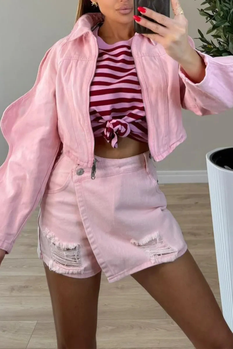 Women's Collar Denim Jacket or Patchwork Ripped Denim Shorts