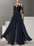 Round Neck Solid Color Lace Jumpsuit