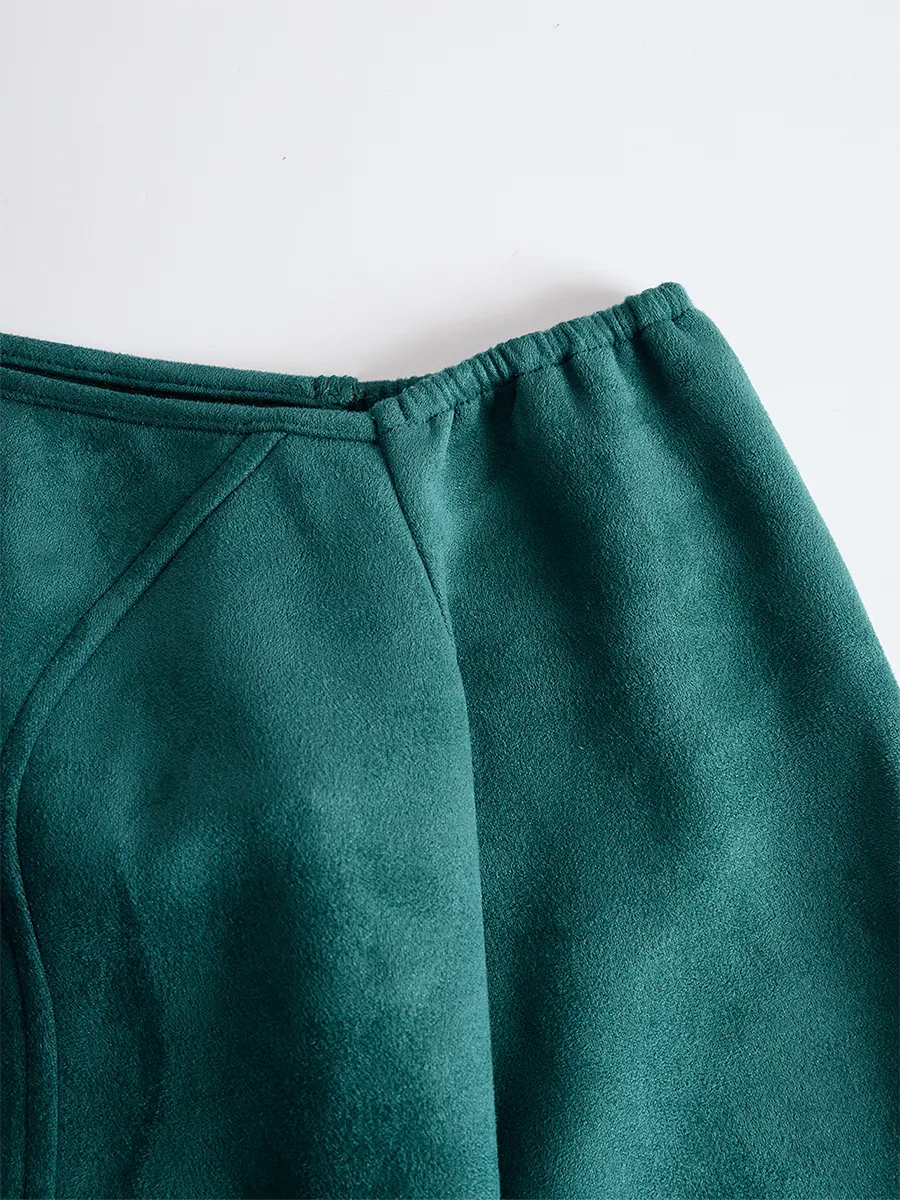 Western Green Faux Suede One-Shoulder Slit Patchwork Tassel Midi Dress