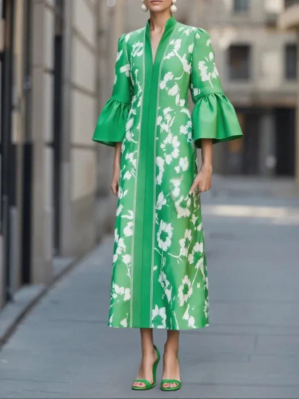 Bell Sleeve Loose Floral Print Side Slit Maxi Dress