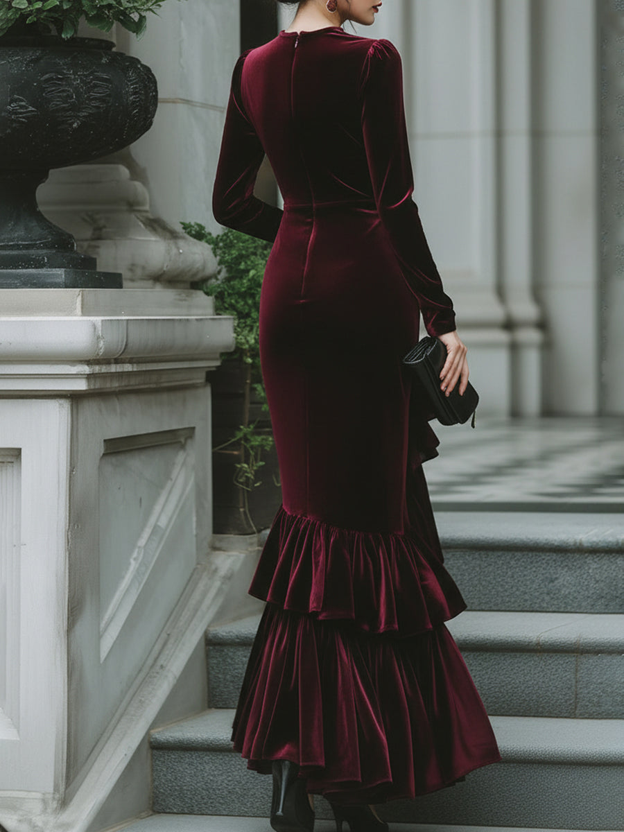 Long Sleeve Ruffled Tier Evening Gown