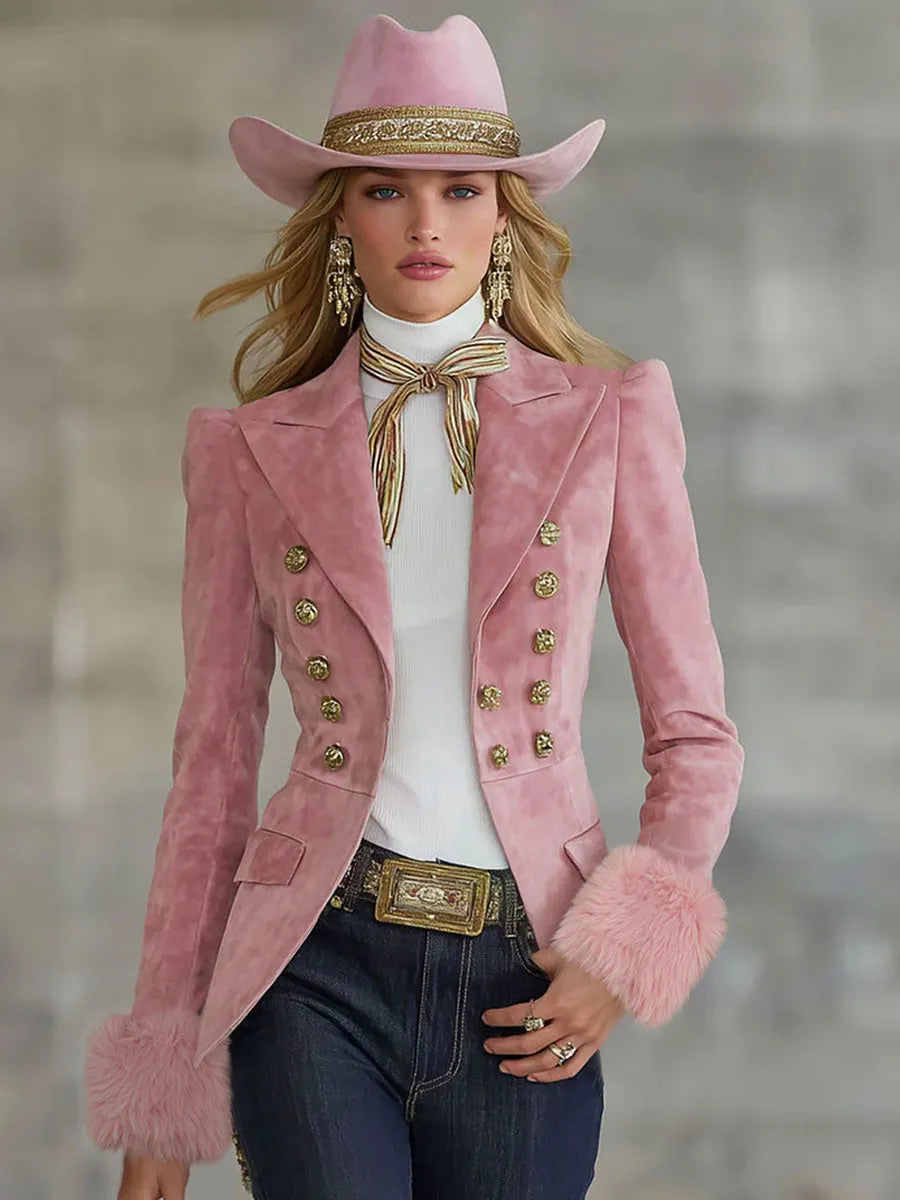 Lapel Multi-button Faux Suede And Fur Blazer