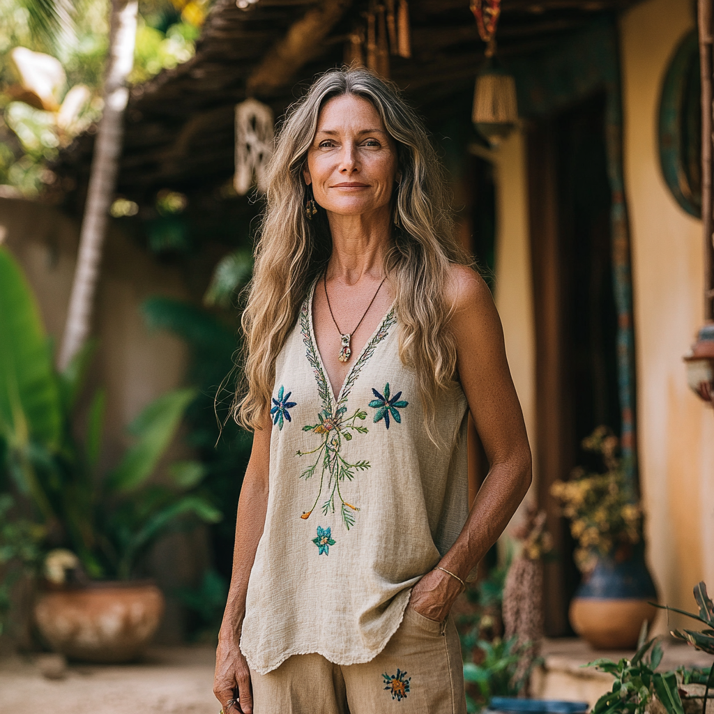 Women's Retro Loose Bohemia Ethnic Style Linen V-neek Sleeveless Top