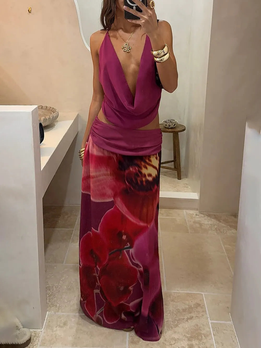 Sweet Elegant Print Low-Waist Ruched Skirt