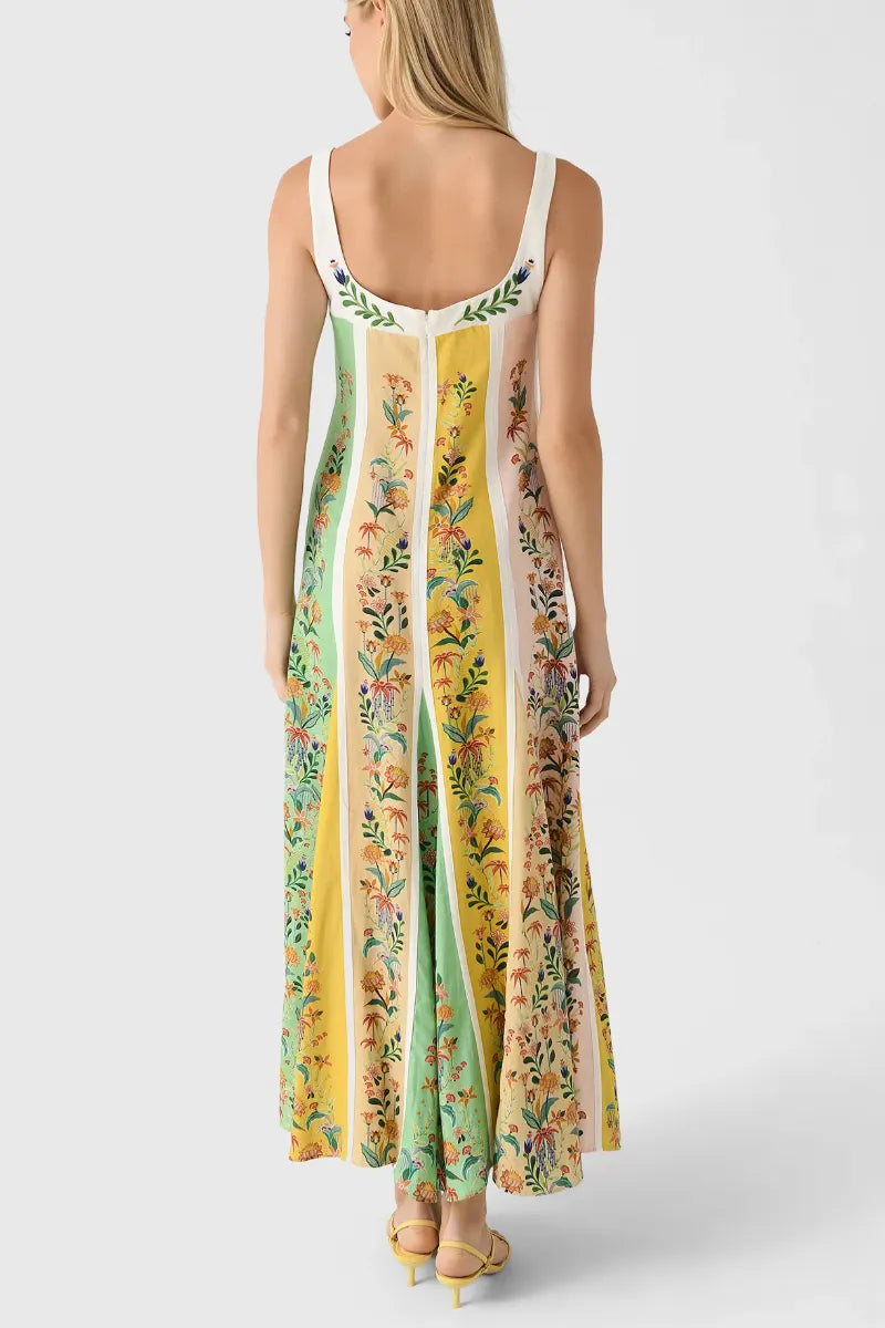 Women's Fresh Color-Blocked Floral Print Sundress Long Dress Vacation Style