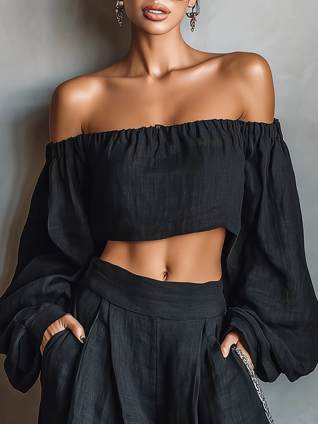Black Off-the-shoulder Long-sleeved Top And Wide-leg Pants Set