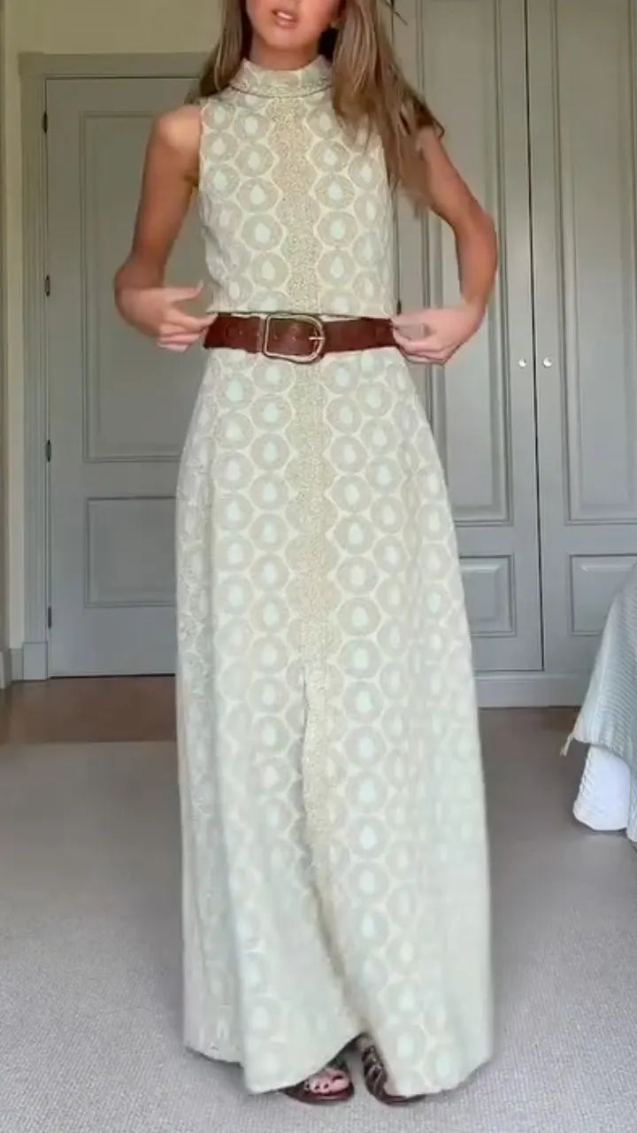 Women's High-Neck, Slit, Printed Elegant Maxi Dress