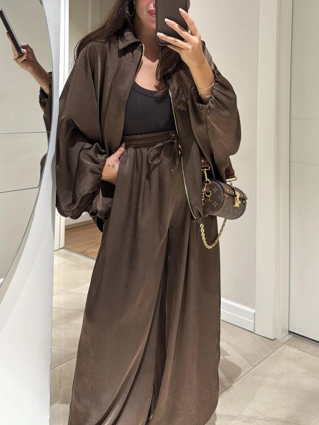 Brown Jacket + Drawstring Pants Casual Two-piece Suit