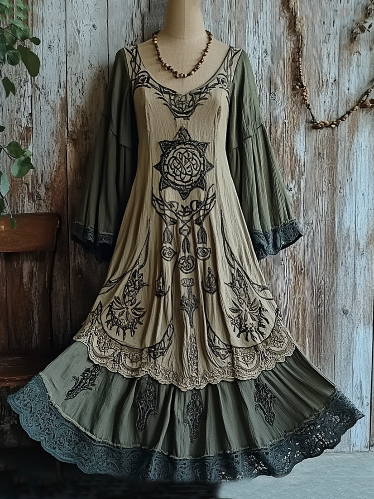 Women's Vintage Tribal Viking Tree Of Life Patchwork Dress