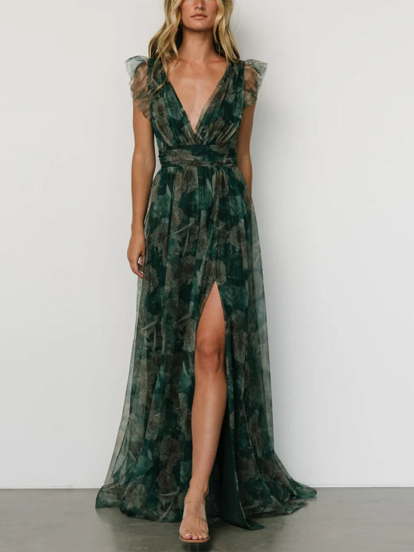 V-neck Sleeveless Print Maxi Dress
