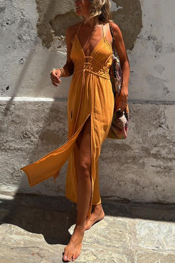 Linen Blend Elastic Waist Halter Backless Pocket Slit Midi Dress