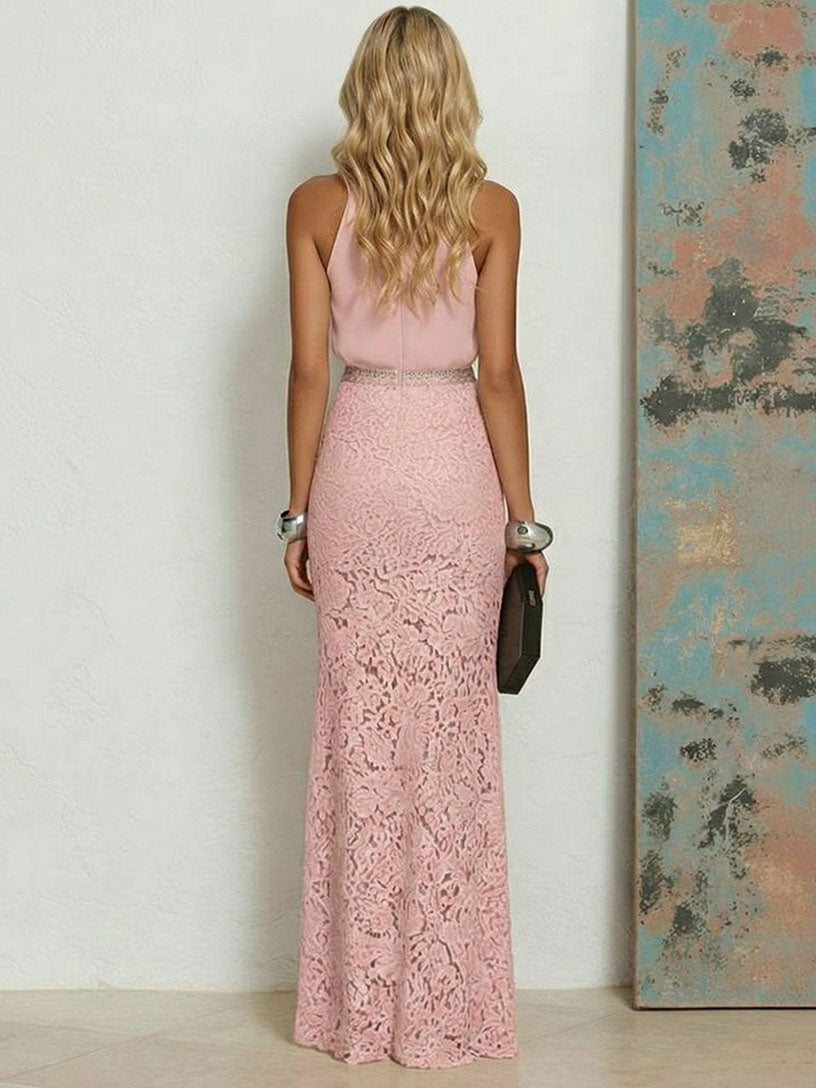 Elegant Chiffon Lace Backless Mermaid Maxi Dress