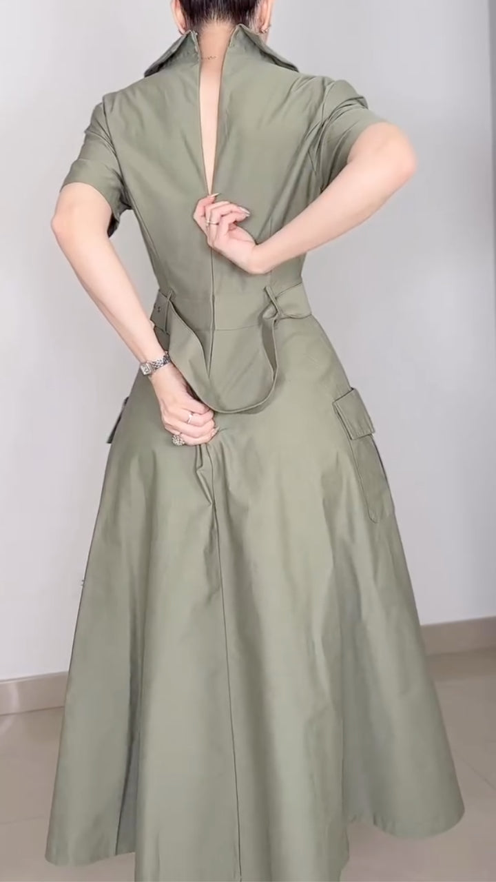 Women's A-Line Dress With Lapel Tie Waist And Elegant Style