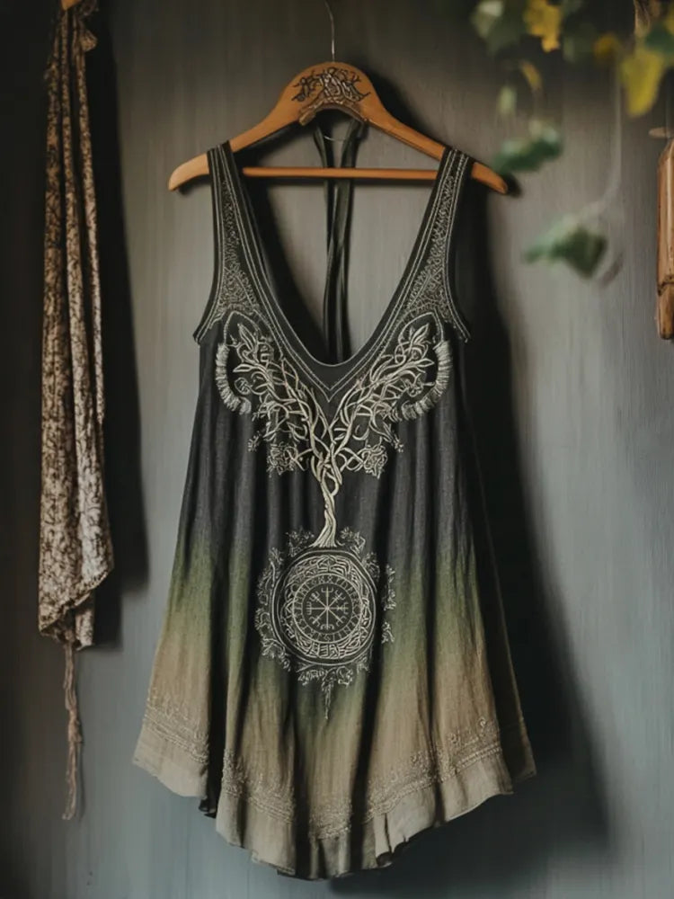 Vintage Tribal Celtic Knot Life Of Tree Gradient Art Print Women's Linen Tank Top