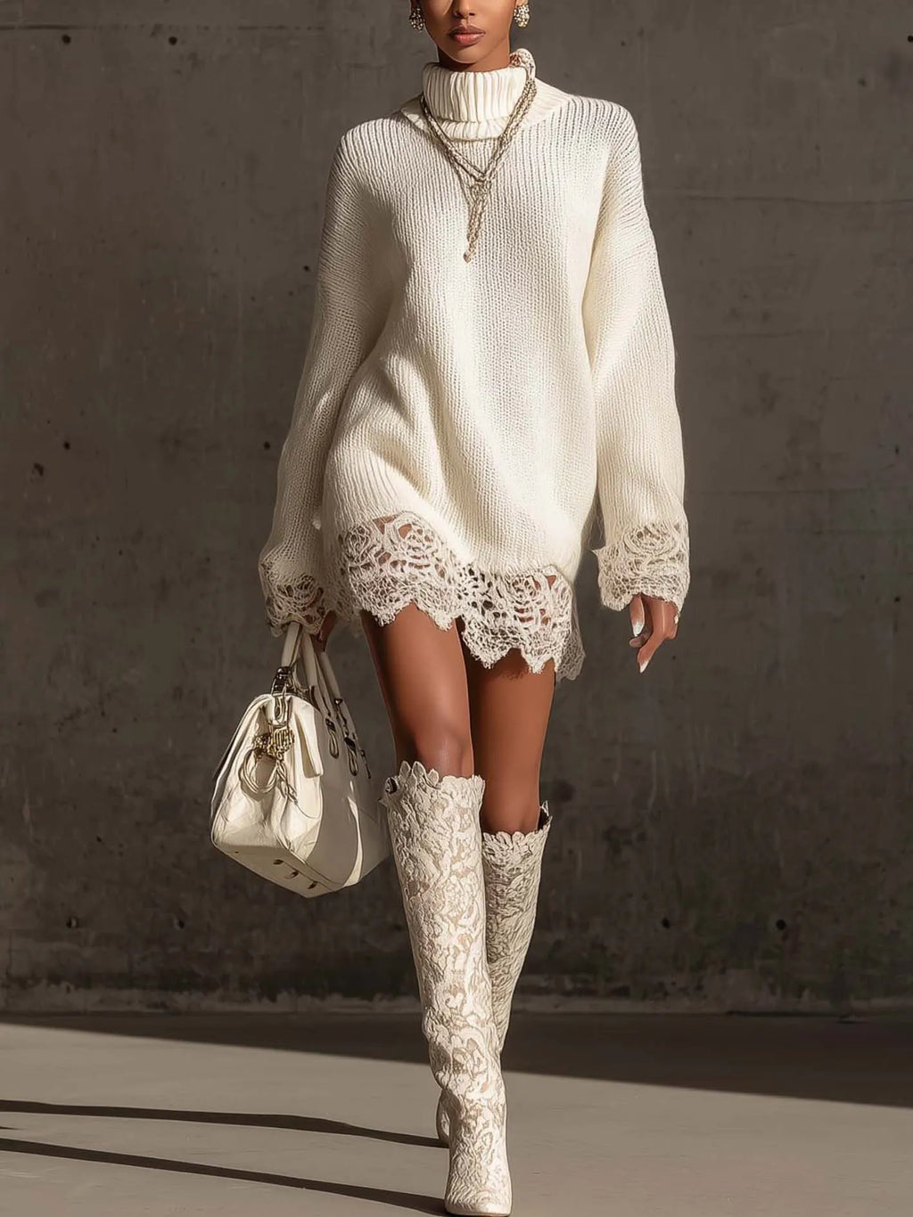 White Turtleneck Knit Mini Dress With Lace Trim