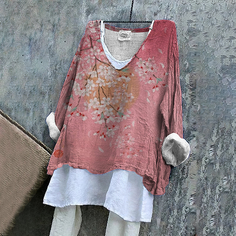 Vintage Japanese Art Sakura And Moon Cotton Linen V Neck Comfy Shirt
