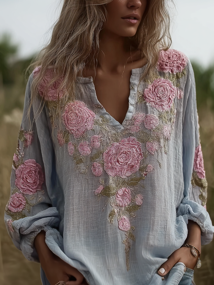 Bohemian Retro Countryside Plant Flower Pattern V-neck Top
