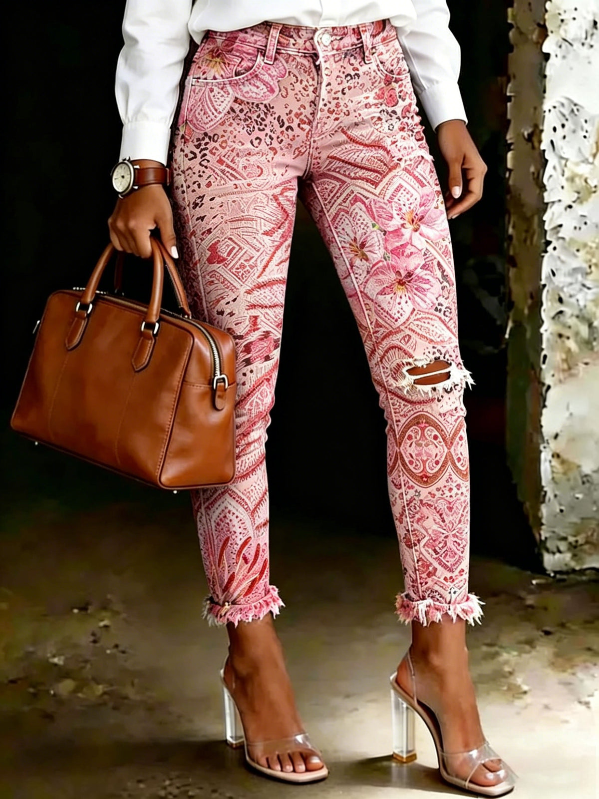 Women's Vintage Ethnic-print Artistic-print Jeans With Pockets