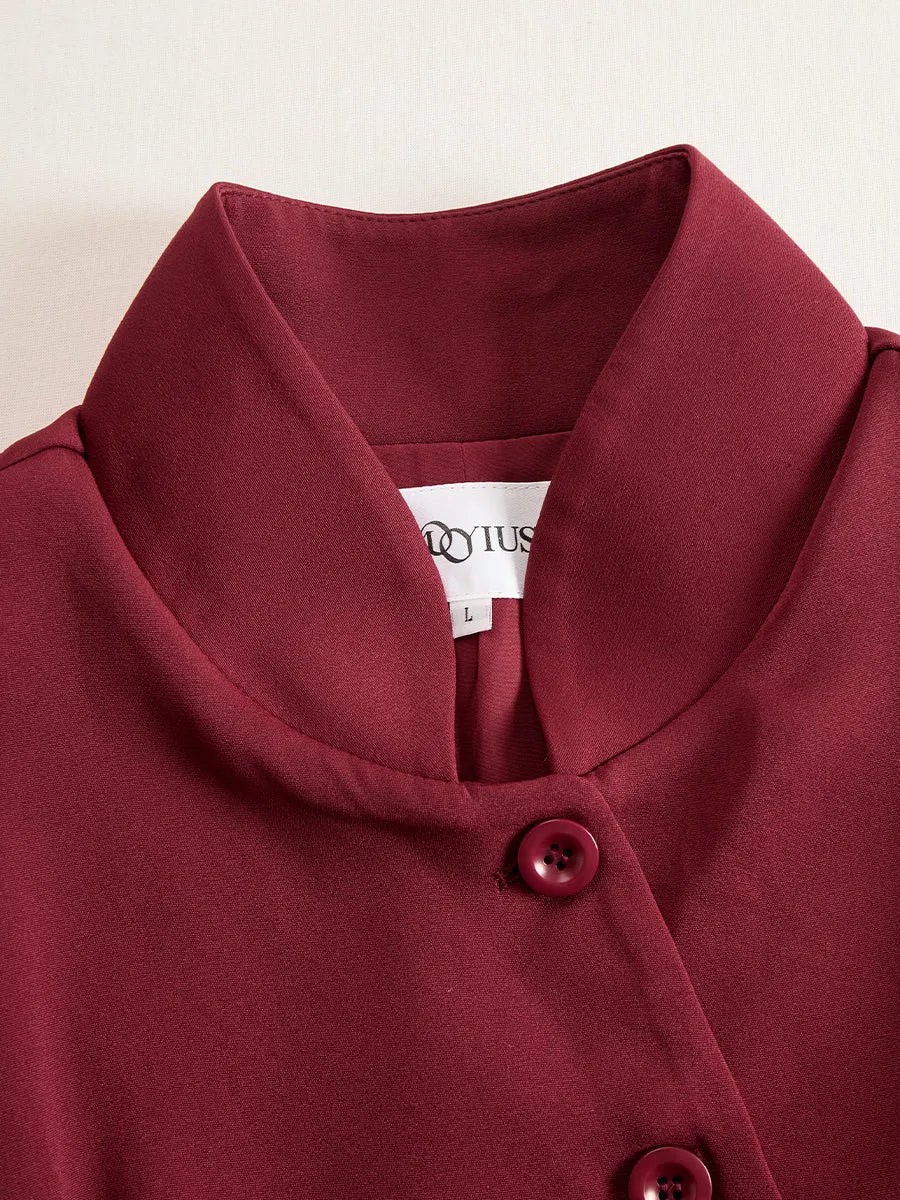 Elegant Band Collar Button-Down Midi Dress With Belt