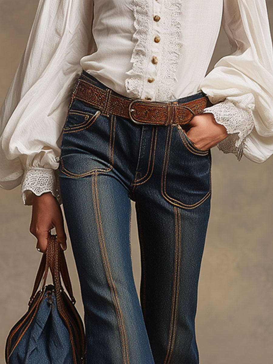 Retro Brown Double-stitched Navy Jeans