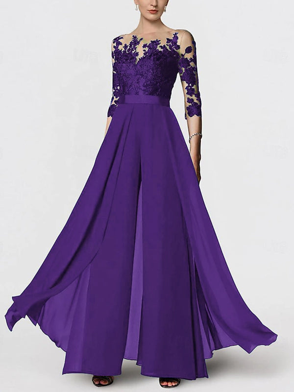 Round Neck Solid Color Lace Jumpsuit